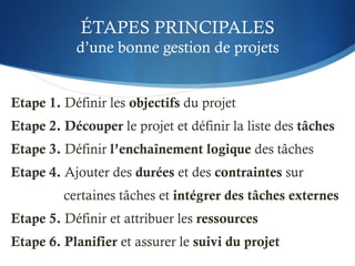 ÉTAPES PRINCIPALES
d’une bonne gestion de projets
Etape 1. Définir les objectifs du projet
Etape 2. Découper le projet et définir la liste des tâches
Etape 3. Définir l’enchaînement logique des tâches
Etape 4. Ajouter des durées et des contraintes sur
certaines tâches et intégrer des tâches externes
Etape 5. Définir et attribuer les ressources
Etape 6. Planifier et assurer le suivi du projet
 