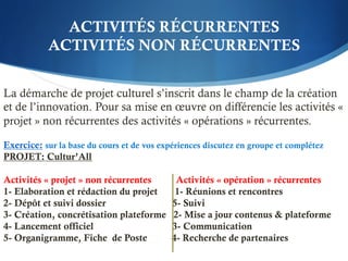 ACTIVITÉS RÉCURRENTES
ACTIVITÉS NON RÉCURRENTES
La démarche de projet culturel s’inscrit dans le champ de la création
et de l’innovation. Pour sa mise en œuvre on différencie les activités «
projet » non récurrentes des activités « opérations » récurrentes.
Exercice: sur la base du cours et de vos expériences discutez en groupe et complétez
PROJET: Cultur’All
Activités « projet » non récurrentes Activités « opération » récurrentes
1- Elaboration et rédaction du projet 1- Réunions et rencontres
2- Dépôt et suivi dossier 5- Suivi
3- Création, concrétisation plateforme 2- Mise a jour contenus & plateforme
4- Lancement officiel 3- Communication
5- Organigramme, Fiche de Poste 4- Recherche de partenaires
 