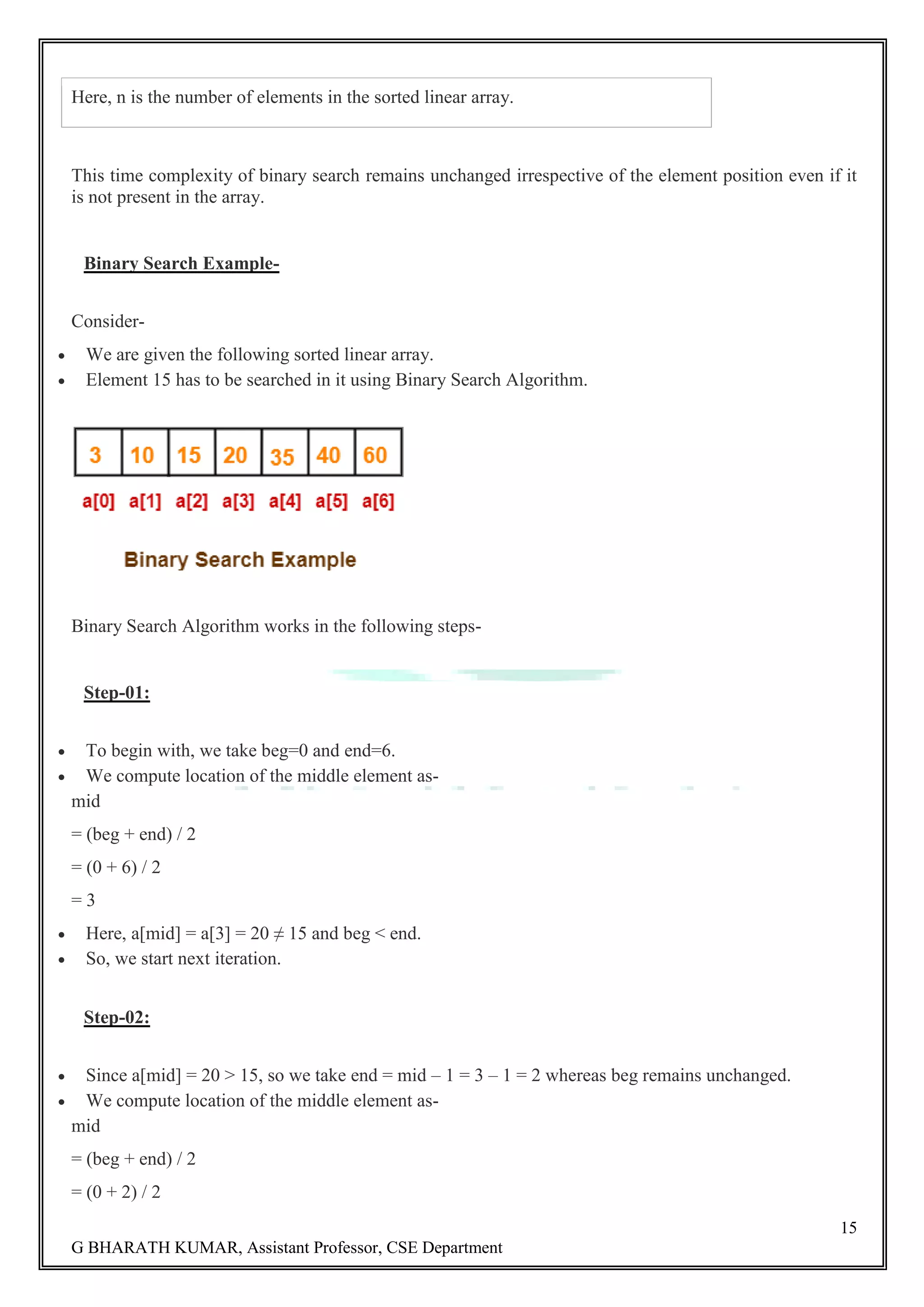 15 G BHARATH KUMAR, Assistant Professor, CSE Department Here, n is the number of elements in the sorted linear array. This time complexity of binary search remains unchanged irrespective of the element position even if it is not present in the array. Binary Search Example- Consider-  We are given the following sorted linear array.  Element 15 has to be searched in it using Binary Search Algorithm. Binary Search Algorithm works in the following steps- Step-01:  To begin with, we take beg=0 and end=6.  We compute location of the middle element as- mid = (beg + end) / 2 = (0 + 6) / 2 = 3  Here, a[mid] = a[3] = 20 ≠ 15 and beg < end.  So, we start next iteration. Step-02:  Since a[mid] = 20 > 15, so we take end = mid – 1 = 3 – 1 = 2 whereas beg remains unchanged.  We compute location of the middle element as- mid = (beg + end) / 2 = (0 + 2) / 2 