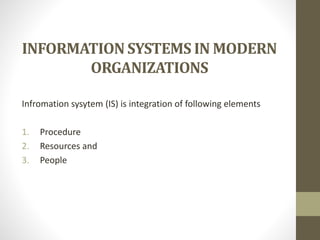 INFORMATION SYSTEMS IN MODERN
ORGANIZATIONS
Infromation sysytem (IS) is integration of following elements
1. Procedure
2. Resources and
3. People
 