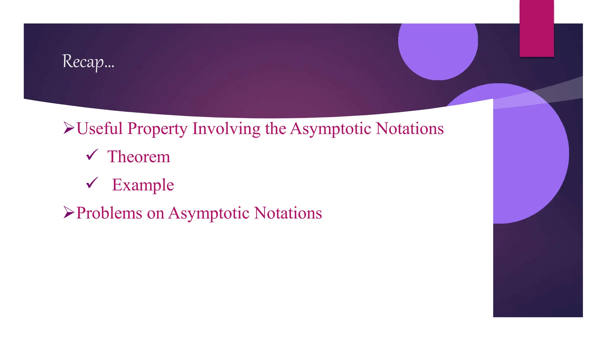Recap…
Useful Property Involving the Asymptotic Notations
 Theorem
 Example
Problems on Asymptotic Notations
 