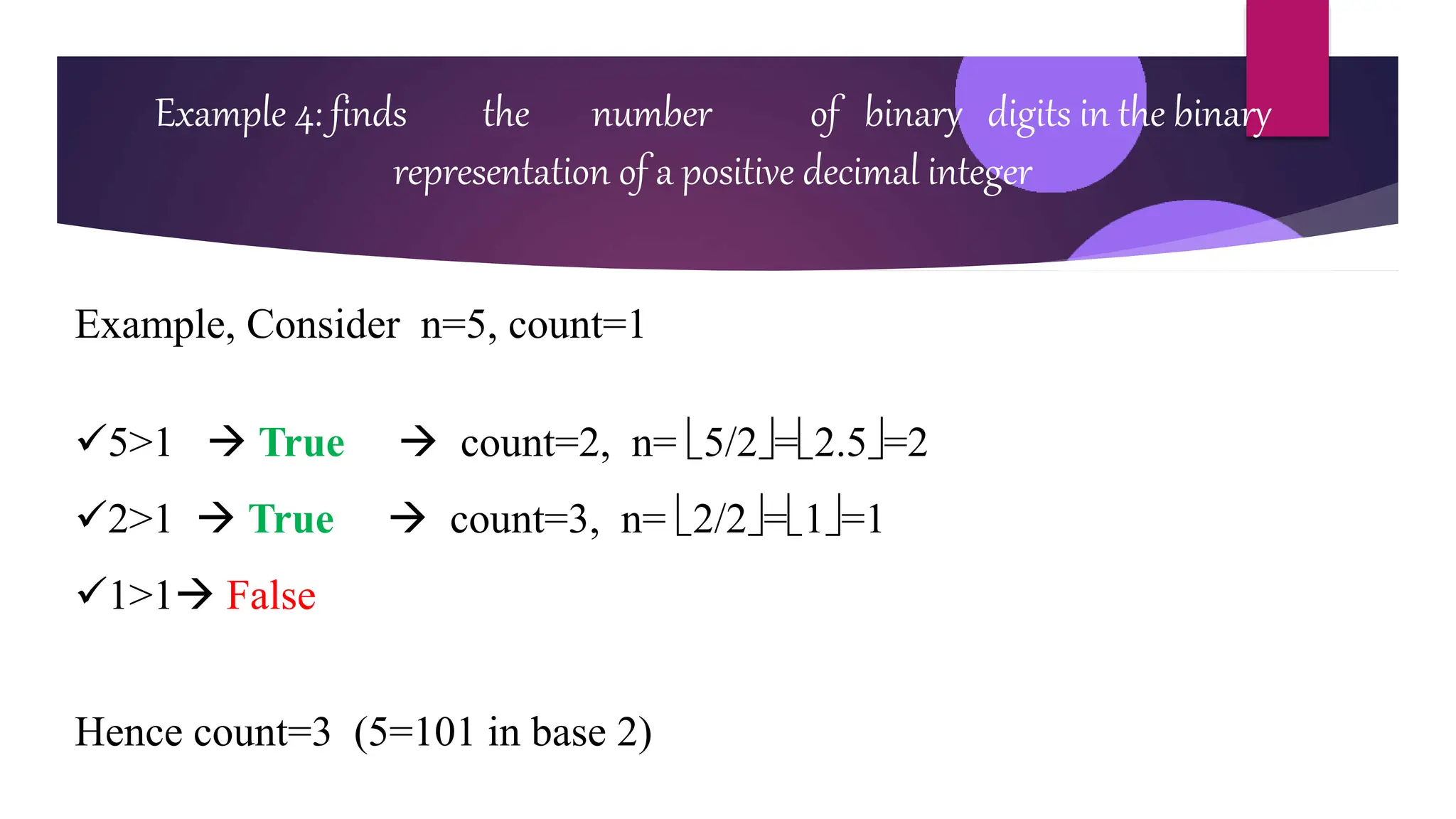 Example 4: finds the number of binary digits in the binary
representation of a positive decimal integer
Example, Consider n=5, count=1
5>1  True  count=2, n= 5/2=2.5=2
2>1  True  count=3, n= 2/2=1=1
1>1 False
Hence count=3 (5=101 in base 2)
 