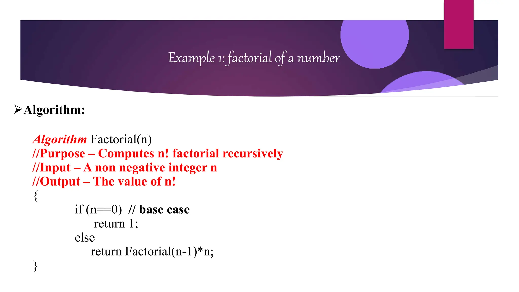 Example 1: factorial of a number
Algorithm:
Algorithm Factorial(n)
//Purpose – Computes n! factorial recursively
//Input – A non negative integer n
//Output – The value of n!
{
if (n==0) // base case
return 1;
else
return Factorial(n-1)*n;
}
 