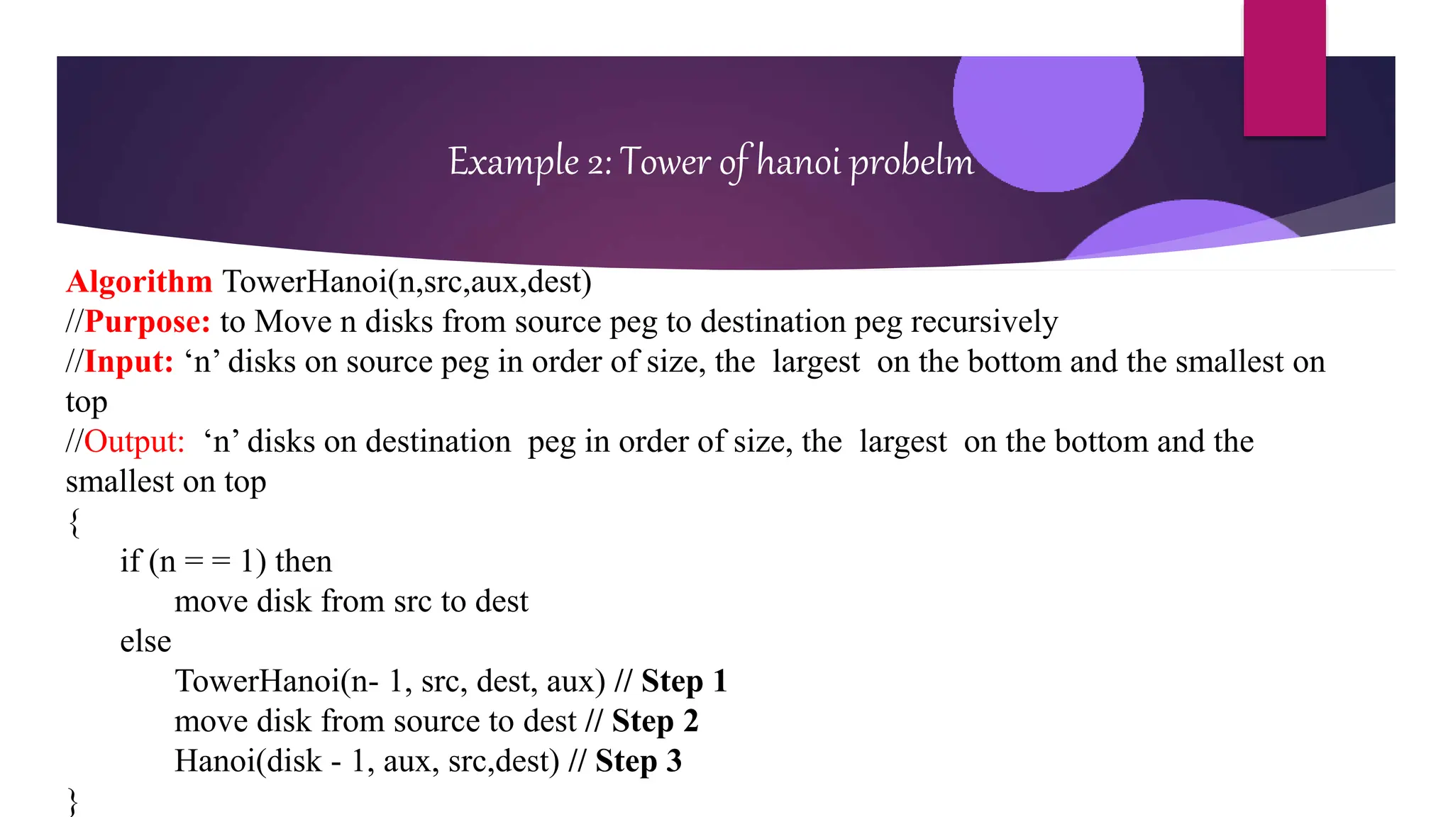 Example 2: Tower of hanoi probelm
Algorithm TowerHanoi(n,src,aux,dest)
//Purpose: to Move n disks from source peg to destination peg recursively
//Input: ‘n’ disks on source peg in order of size, the largest on the bottom and the smallest on
top
//Output: ‘n’ disks on destination peg in order of size, the largest on the bottom and the
smallest on top
{
if (n = = 1) then
move disk from src to dest
else
TowerHanoi(n- 1, src, dest, aux) // Step 1
move disk from source to dest // Step 2
Hanoi(disk - 1, aux, src,dest) // Step 3
}
 