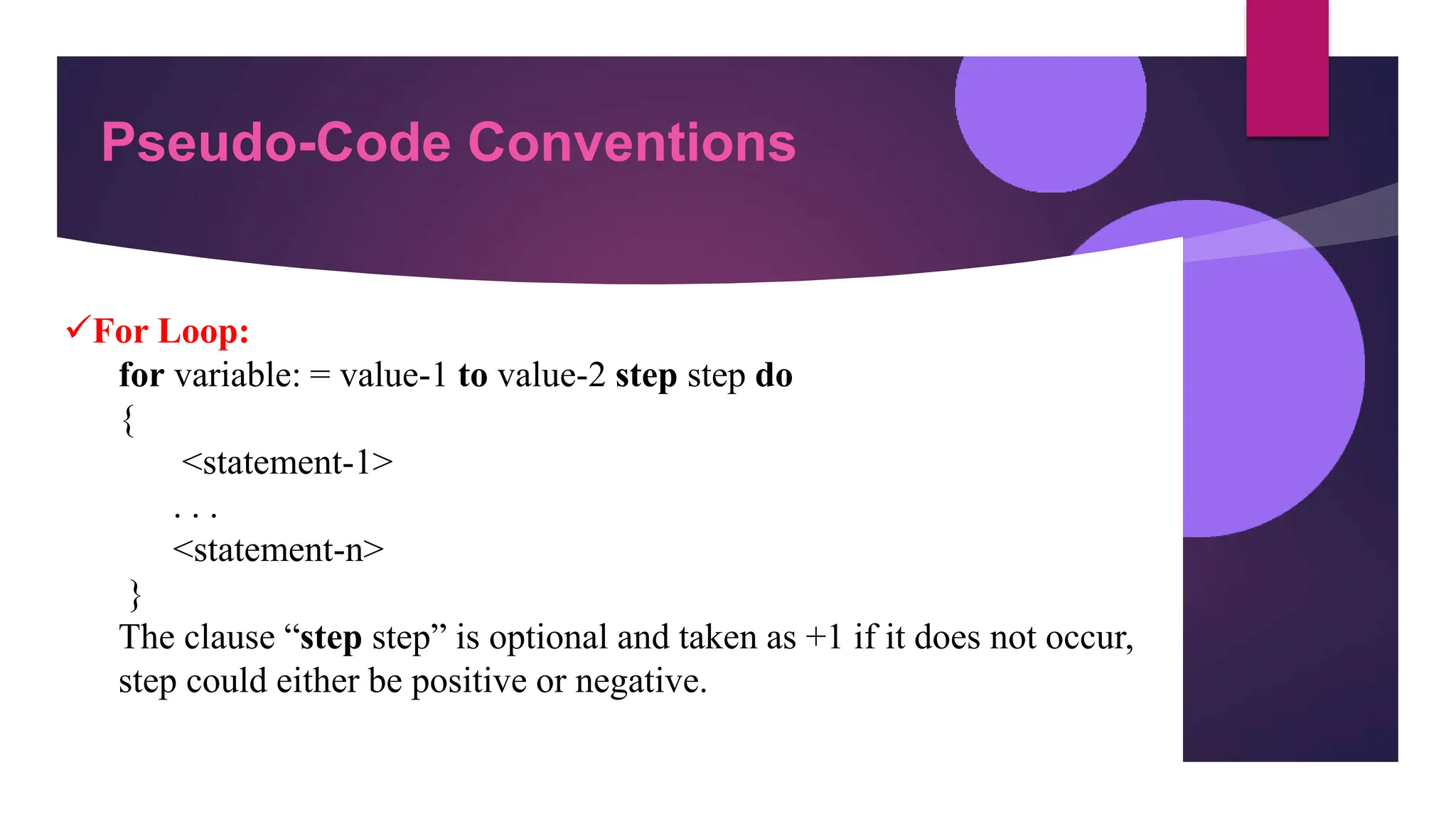 Pseudo-Code Conventions
For Loop:
for variable: = value-1 to value-2 step step do
{
<statement-1>
. . .
<statement-n>
}
The clause “step step” is optional and taken as +1 if it does not occur,
step could either be positive or negative.
 
