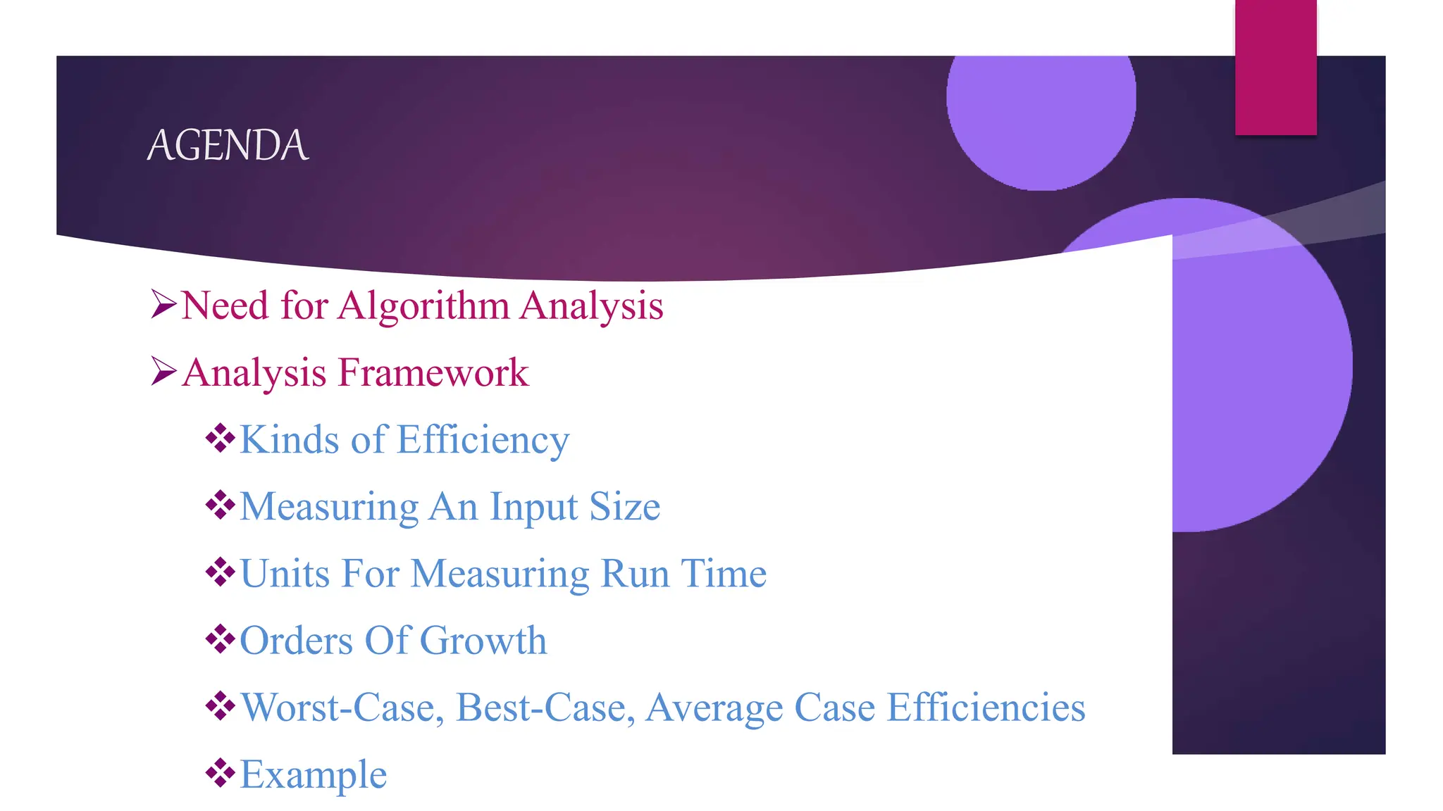 AGENDA
Need for Algorithm Analysis
Analysis Framework
Kinds of Efficiency
Measuring An Input Size
Units For Measuring Run Time
Orders Of Growth
Worst-Case, Best-Case, Average Case Efficiencies
Example
 