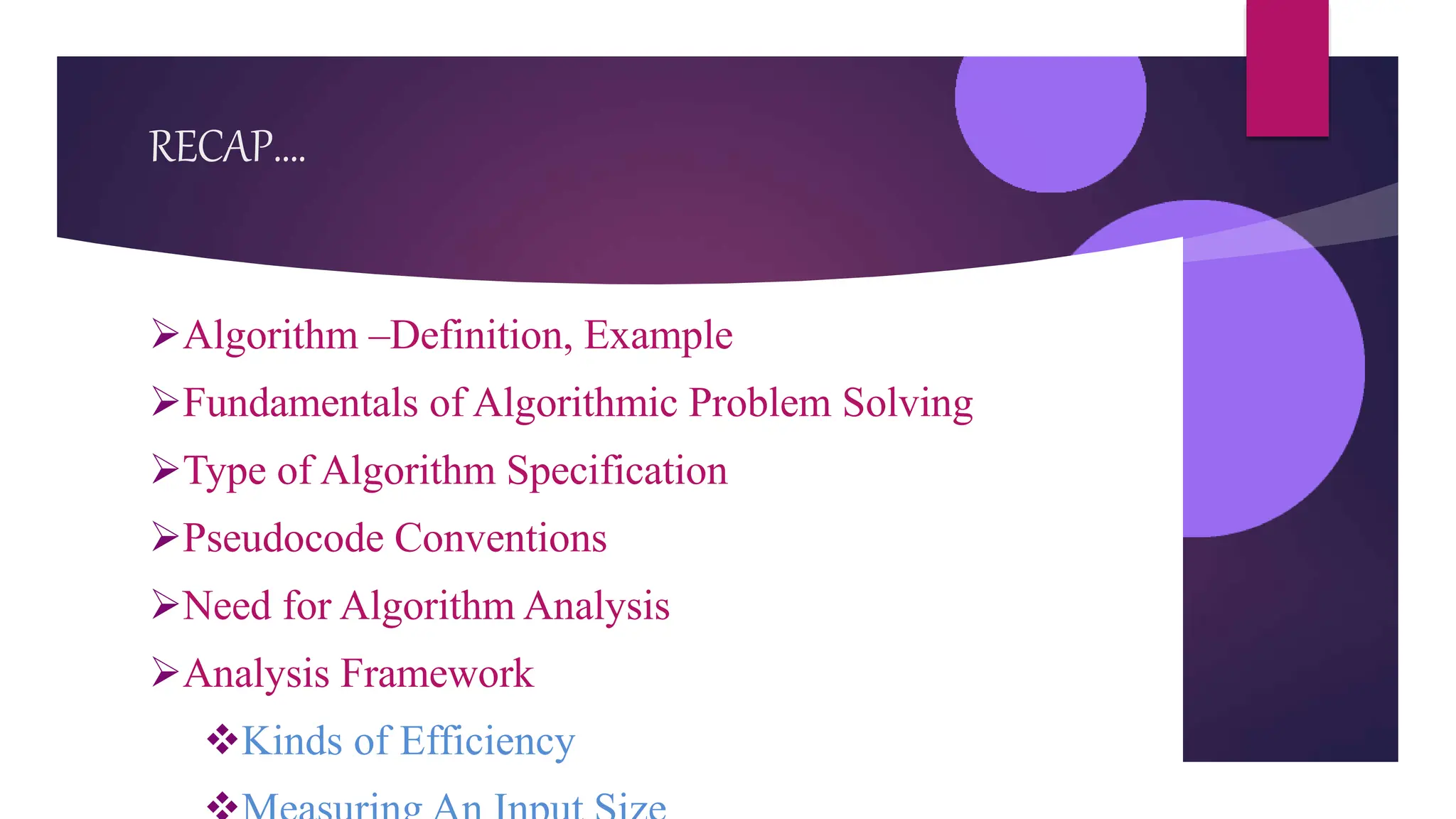 RECAP….
Algorithm –Definition, Example
Fundamentals of Algorithmic Problem Solving
Type of Algorithm Specification
Pseudocode Conventions
Need for Algorithm Analysis
Analysis Framework
Kinds of Efficiency
 