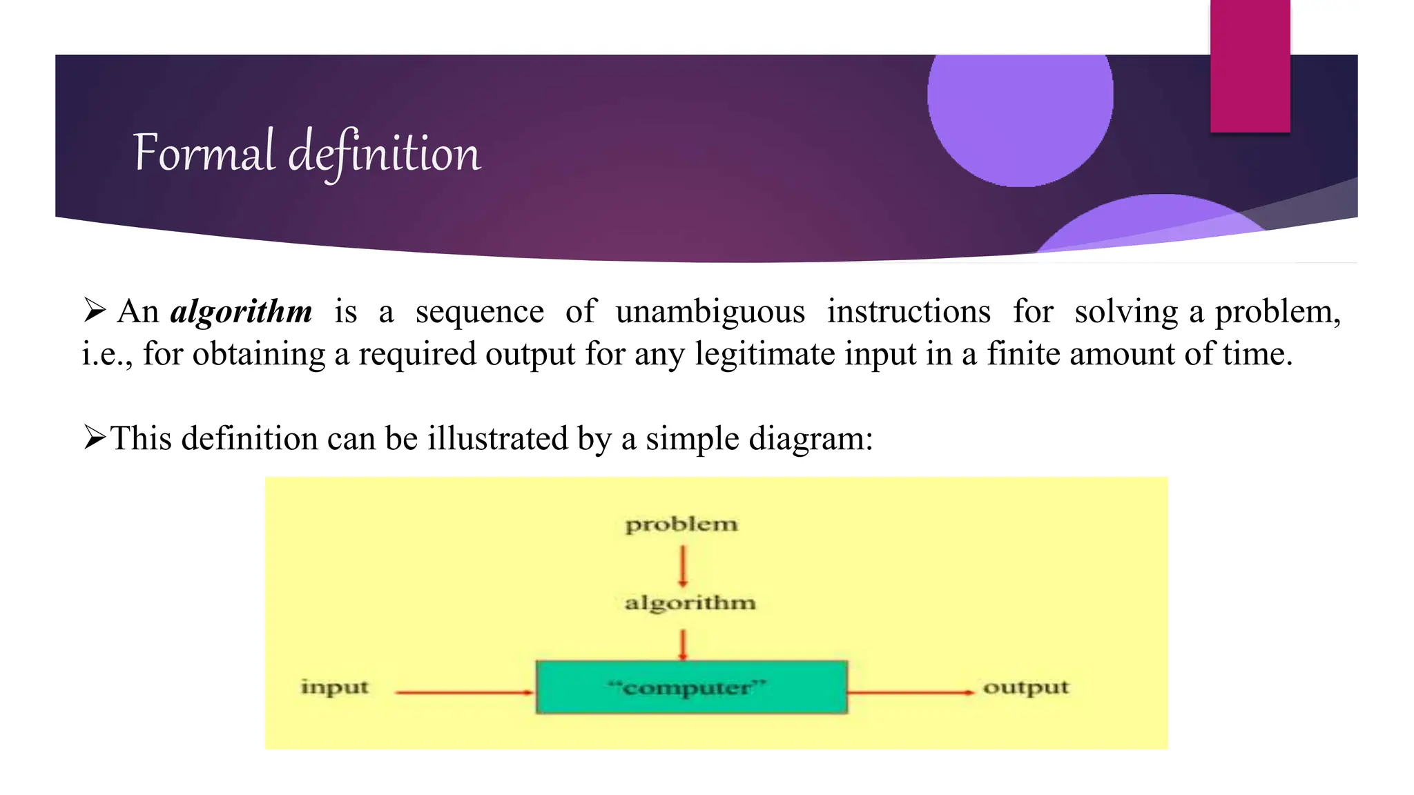 Formal definition
 An algorithm is a sequence of unambiguous instructions for solving a problem,
i.e., for obtaining a required output for any legitimate input in a finite amount of time.
This definition can be illustrated by a simple diagram:
 