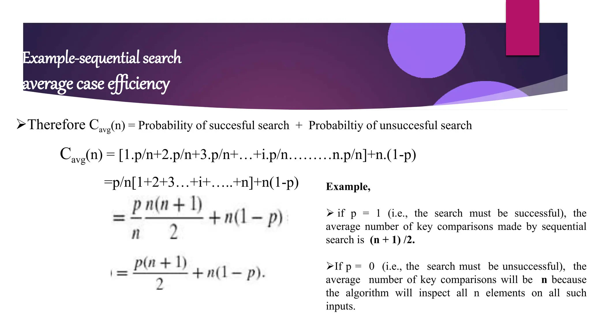 Example-sequential search
average case efficiency
Therefore Cavg(n) = Probability of succesful search + Probabiltiy of unsuccesful search
Cavg(n) = [1.p/n+2.p/n+3.p/n+…+i.p/n………n.p/n]+n.(1-p)
=p/n[1+2+3…+i+…..+n]+n(1-p) Example,
 if p = 1 (i.e., the search must be successful), the
average number of key comparisons made by sequential
search is (n + 1) /2.
If p = 0 (i.e., the search must be unsuccessful), the
average number of key comparisons will be n because
the algorithm will inspect all n elements on all such
inputs.
 