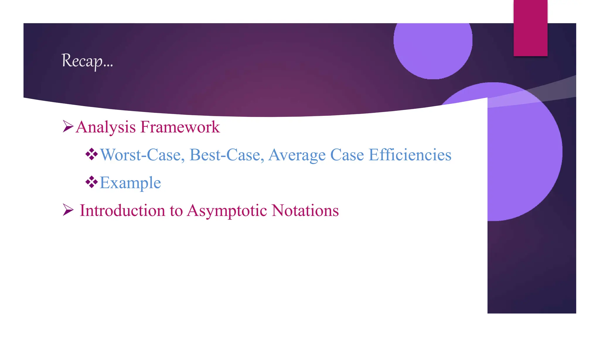 Recap…
Analysis Framework
Worst-Case, Best-Case, Average Case Efficiencies
Example
 Introduction to Asymptotic Notations
 