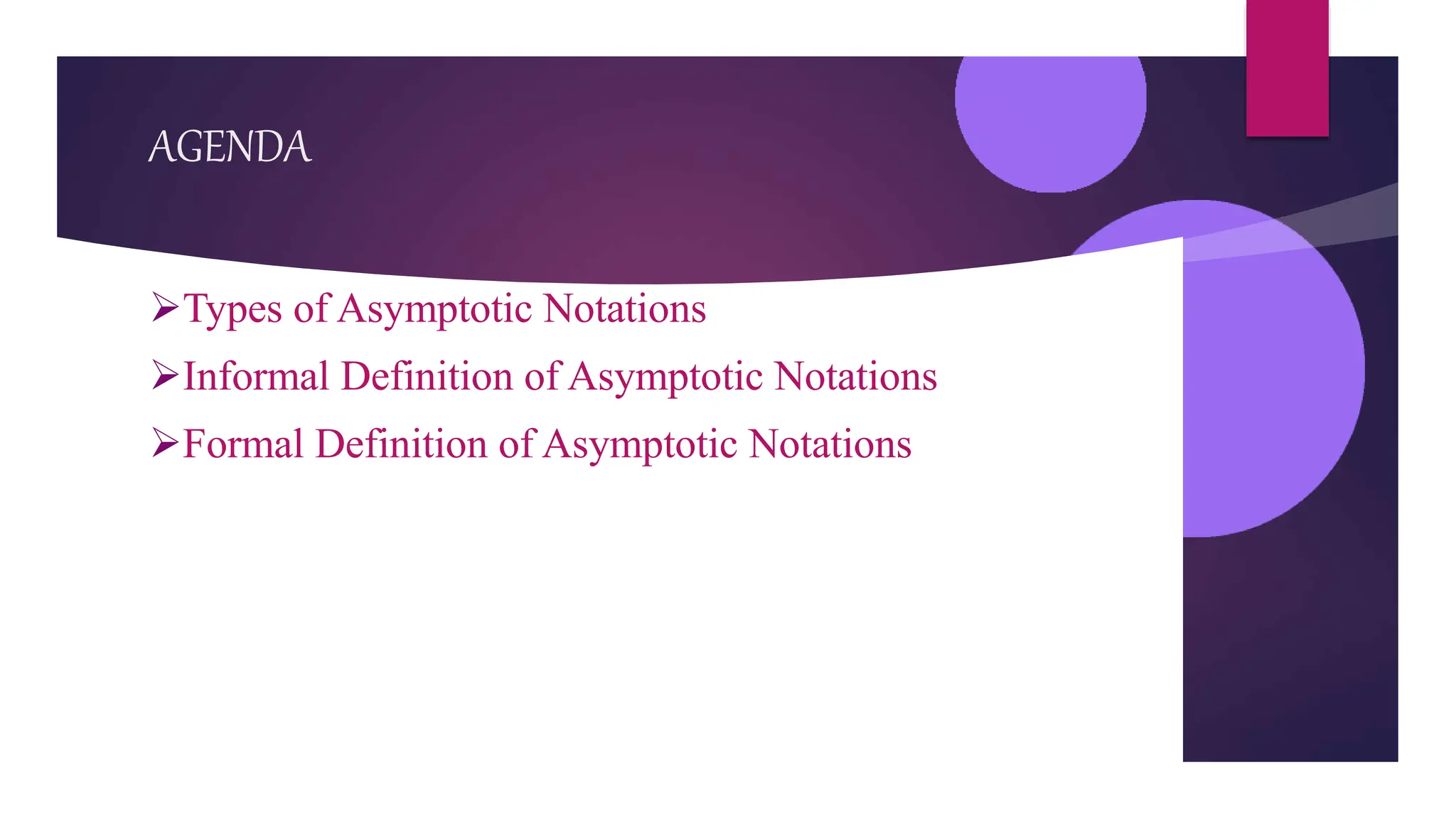 AGENDA
Types of Asymptotic Notations
Informal Definition of Asymptotic Notations
Formal Definition of Asymptotic Notations
 
