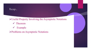 Recap…
Useful Property Involving the Asymptotic Notations
 Theorem
 Example
Problems on Asymptotic Notations
 