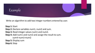 Example
Write an algorithm to add two integer numbers entered by user.
Step 1: Start
Step 2: Declare variables num1, num2 and sum.
Step 3: Read integer values num1 and num2.
Step 4: Add num1 and num2 and assign the result to sum.
sum←num1+num2
Step 5: Display sum
Step 6: Stop
 
