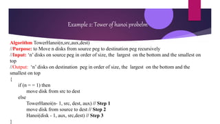 Example 2: Tower of hanoi probelm
Algorithm TowerHanoi(n,src,aux,dest)
//Purpose: to Move n disks from source peg to destination peg recursively
//Input: ‘n’ disks on source peg in order of size, the largest on the bottom and the smallest on
top
//Output: ‘n’ disks on destination peg in order of size, the largest on the bottom and the
smallest on top
{
if (n = = 1) then
move disk from src to dest
else
TowerHanoi(n- 1, src, dest, aux) // Step 1
move disk from source to dest // Step 2
Hanoi(disk - 1, aux, src,dest) // Step 3
}
 