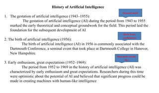 History of Artificial Intelligence
1. The gestation of artificial intelligence (1943–1955):
The gestation of artificial intelligence (AI) during the period from 1943 to 1955
marked the early theoretical and conceptual groundwork for the field. This period laid the
foundation for the subsequent development of AI
2. The birth of artificial intelligence (1956):
The birth of artificial intelligence (AI) in 1956 is commonly associated with the
Dartmouth Conference, a seminal event that took place at Dartmouth College in Hanover,
New Hampshire.
3. Early enthusiasm, great expectations (1952–1969):
The period from 1952 to 1969 in the history of artificial intelligence (AI) was
characterized by early enthusiasm and great expectations. Researchers during this time
were optimistic about the potential of AI and believed that significant progress could be
made in creating machines with human-like intelligence
Ground work
Birth from
conference
Research create
HLI
 