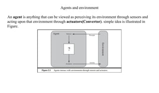 Agents and environment
An agent is anything that can be viewed as perceiving its environment through sensors and
acting upon that environment through actuators(Convertor). simple idea is illustrated in
Figure.
 