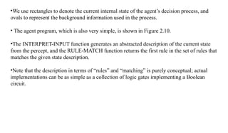 •We use rectangles to denote the current internal state of the agent’s decision process, and
ovals to represent the background information used in the process.
• The agent program, which is also very simple, is shown in Figure 2.10.
•The INTERPRET-INPUT function generates an abstracted description of the current state
from the percept, and the RULE-MATCH function returns the first rule in the set of rules that
matches the given state description.
•Note that the description in terms of “rules” and “matching” is purely conceptual; actual
implementations can be as simple as a collection of logic gates implementing a Boolean
circuit.
 