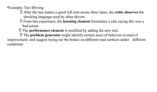 •Example: Taxi Driving
 After the taxi makes a quick left turn across three lanes, the critic observes the
shocking language used by other drivers.
 From this experience, the learning element formulates a rule saying this was a
bad action.
 The performance element is modified by adding the new rule.
 The problem generator might identify certain areas of behavior in need of
improvement, and suggest trying out the brakes on different road surfaces under different
conditions
 