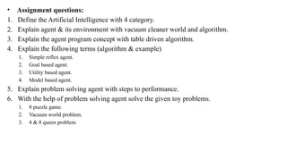 • Assignment questions:
1. Define the Artificial Intelligence with 4 category.
2. Explain agent & its environment with vacuum cleaner world and algorithm.
3. Explain the agent program concept with table driven algorithm.
4. Explain the following terms (algorithm & example)
1. Simple reflex agent.
2. Goal based agent.
3. Utility based agent.
4. Model based agent.
5. Explain problem solving agent with steps to performance.
6. With the help of problem solving agent solve the given toy problems.
1. 8 puzzle game.
2. Vacuum world problem.
3. 4 & 8 queen problem.
 