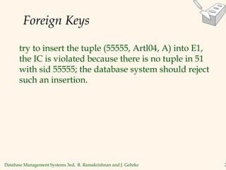 Database Management Systems 3ed, R. Ramakrishnan and J. Gehrke 2
Foreign Keys
try to insert the tuple (55555, Artl04, A) into E1,
the IC is violated because there is no tuple in 51
with sid 55555; the database system should reject
such an insertion.
 