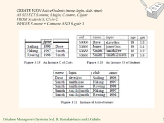 Database Management Systems 3ed, R. Ramakrishnan and J. Gehrke 5
CREATE VIEW ActiveStudents (name, login, club, since)
AS SELECT S.sname, S.login, C.cname, C.jyear
FROM Students S, Clubs C
WHERE S.sname = C.mname AND S.gpa> 3
 