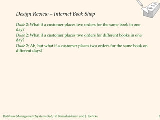 Database Management Systems 3ed, R. Ramakrishnan and J. Gehrke 6
Design Review – Internet Book Shop
Dude 2: What if a customer places two orders for the same book in one
day?
Dude 2: What if a customer places two orders for different books in one
day?
Dude 2: Ah, but what if a customer places two orders for the same book on
different days?
 