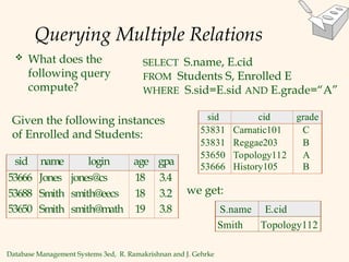 Database Management Systems 3ed, R. Ramakrishnan and J. Gehrke
Querying Multiple Relations
 What does the
following query
compute?
SELECT S.name, E.cid
FROM Students S, Enrolled E
WHERE S.sid=E.sid AND E.grade=“A”
S.name E.cid
Smith Topology112
sid cid grade
53831 Carnatic101 C
53831 Reggae203 B
53650 Topology112 A
53666 History105 B
Given the following instances
of Enrolled and Students:
we get:
sid name login age gpa
53666 Jones jones@cs 18 3.4
53688 Smith smith@eecs 18 3.2
53650 Smith smith@math 19 3.8
 