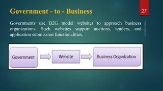 Government - to - Business
Governments use B2G model websites to approach business
organizations. Such websites support auctions, tenders, and
application submission functionalities.
27
 