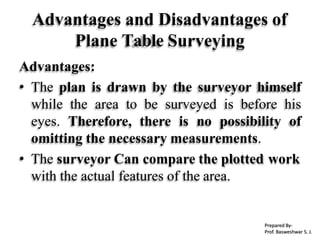 Advantages and Disadvantages of
Plane Table Surveying
Advantages:
• The plan is drawn by the surveyor himself
while the area to be surveyed is before his
eyes. Therefore, there is no possibility of
omitting the necessary measurements.
• The surveyor Can compare the plotted work
with the actual features of the area.
Prepared By-
Prof. Basweshwar S. J.
 