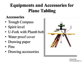 Equipments and Accessories for
Plane Tabling
Accessories
• Trough Compass
• Spirit level
• U-Fork with Plumb bob
• Water proof cover
• Drawing paper
• Pins
• Drawing accessories
Prepared By-
Prof. Basweshwar S. J.
 