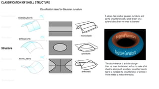 CLASSIFICATION OF SHELL STRUCTURE
Introduction
Concept
Function
Structure
Materials
Construction
Techniques
Classification based on Gaussian curvature
A sphere has positive gaussian curvature, and
so the circumference of a circle drawn on a
sphere is less than ππ times its diameter
The circumference of a circle is longer
than ππ times its diameter, and so, to make a flat
sheet lie along such a surface, you either have to
tear it to increase the circumference, or wrinkle it
in the middle to reduce the radius.
 