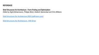 REFERENCE
Shell Structures for Architecture - Form Finding and Optimization
Edited by Sigrid Adriaenssens, Philippe Block, Diederik Veenendaal and Chris Williams
Shell Structures for Architecture [PDF] (pdfroom.com)
Shell Structures for Architecture - PDF Drive
 