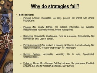 Why do strategies fail?
 Some answers:
– Purpose (unclear, Impossible, too easy, generic, not shared with others,
incongr...