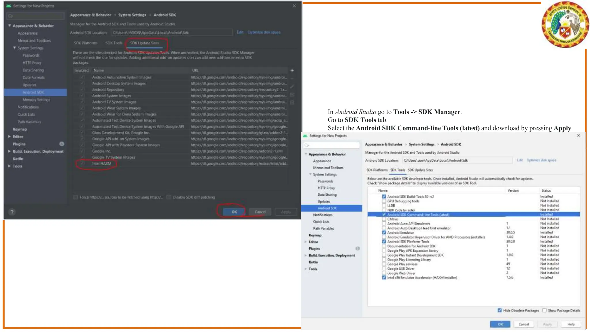 In Android Studio go to Tools -> SDK Manager.
Go to SDK Tools tab.
Select the Android SDK Command-line Tools (latest) and download by pressing Apply.
 