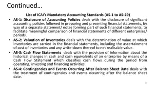 Continued…
List of ICAI’s Mandatory Accounting Standards (AS-1 to AS-29)
• AS-1: Disclosure of Accounting Policies deals with the disclosure of significant
accounting policies followed in preparing and presenting financial statements, by
way of a separate statement/ notes forming part of such financial statements, to
facilitate meaningful comparison of financial statements of different enterprises/
periods.
• AS-2: Valuation of Inventories deals with the determination of value at which
inventories are carried in the financial statements, including the ascertainment
of cost of inventories and any write-down thereof to net realisable value.
• AS-3: Cash Flow Statements deals with the provision of information about the
historical changes in cash and cash equivalents of an enterprise by means of a
Cash Flow Statement which classifies cash flows during the period from
operating, investing and financing activities.
• AS-4: Contingencies and Events Occurring After Balance Sheet Date deals with
the treatment of contingencies and events occurring after the balance sheet
date.
37
 