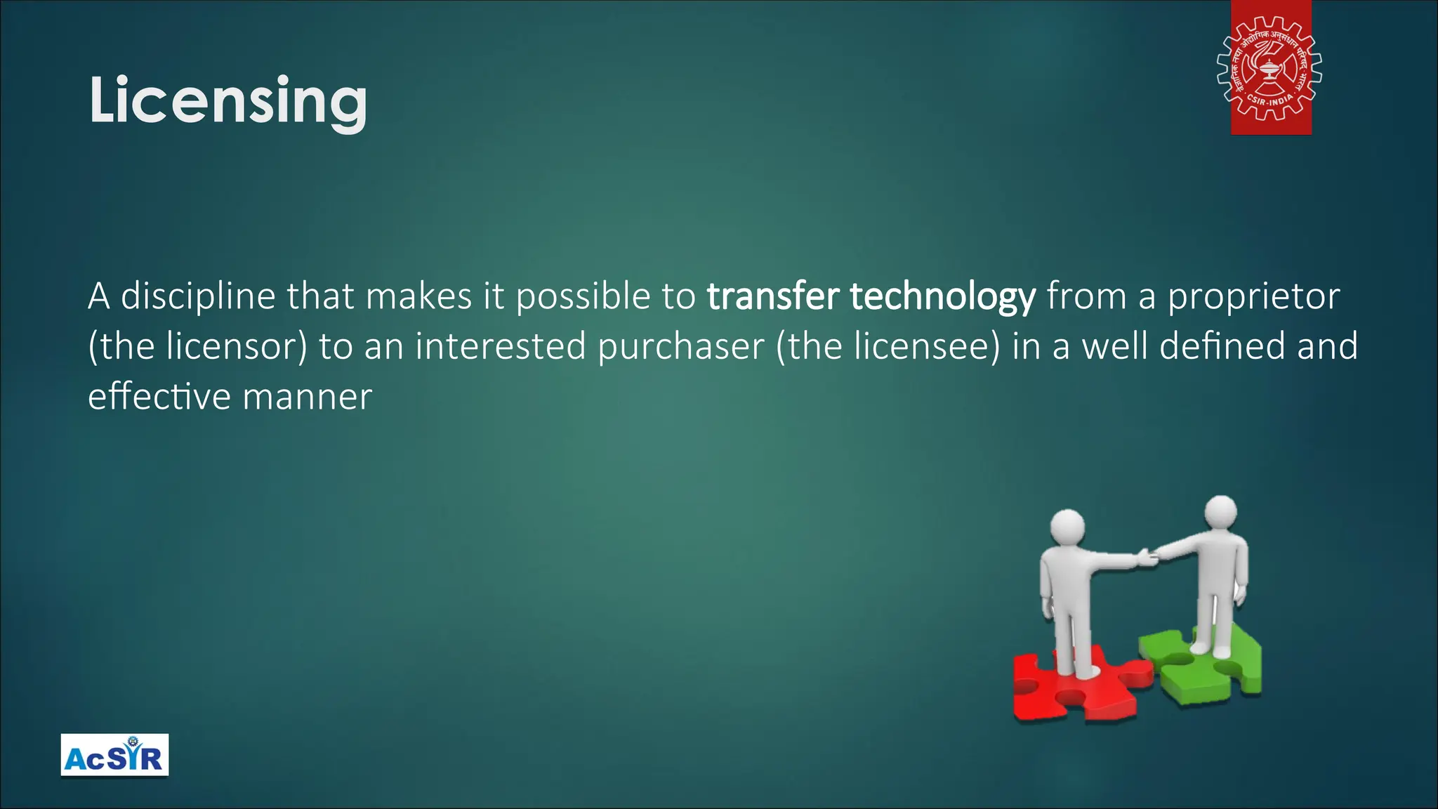 Licensing
A discipline that makes it possible to transfer technology from a proprietor
(the licensor) to an interested purchaser (the licensee) in a well defined and
effective manner
 