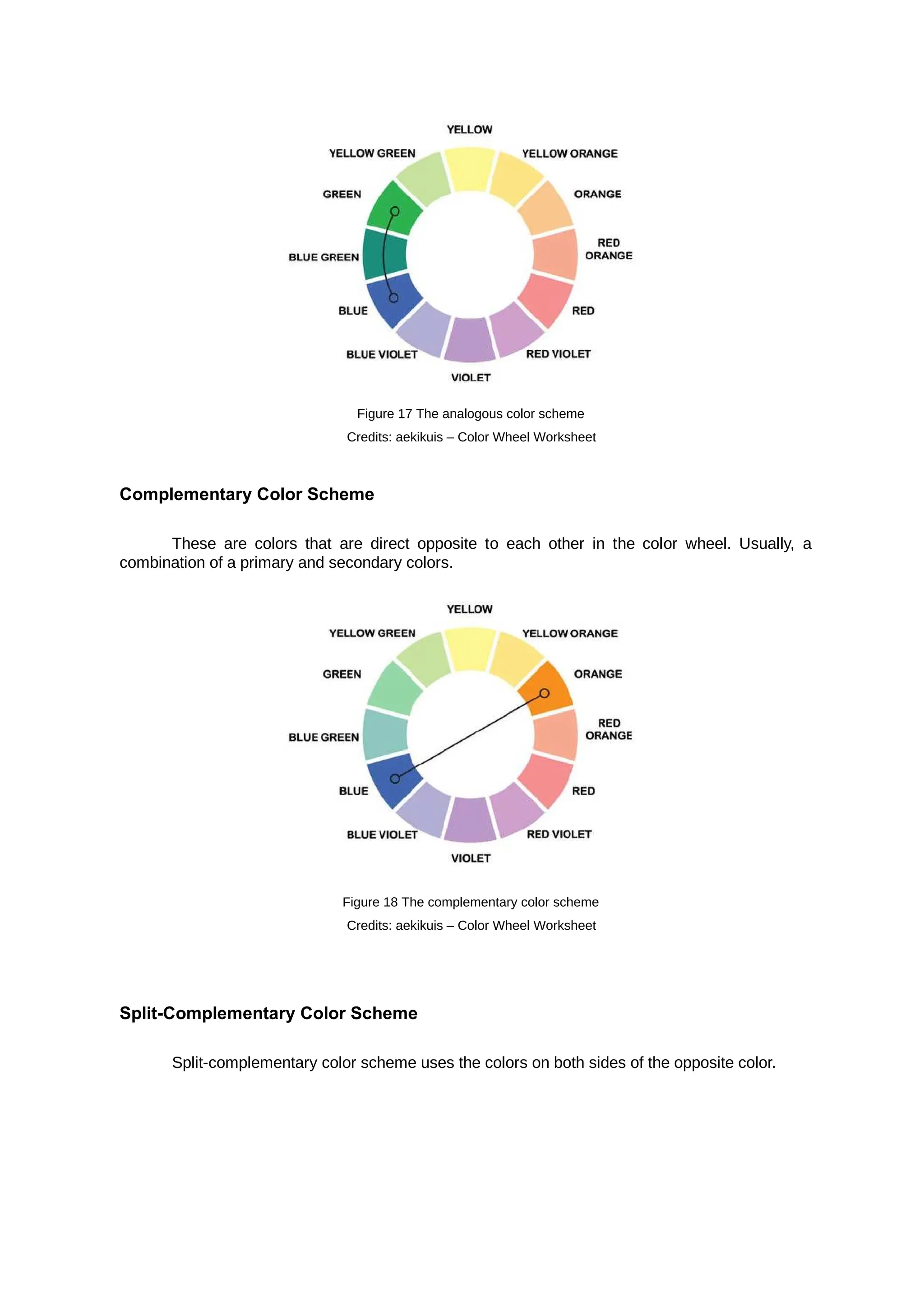 Figure 17 The analogous color scheme
Credits: aekikuis – Color Wheel Worksheet
Complementary Color Scheme
These are colors that are direct opposite to each other in the color wheel. Usually, a
combination of a primary and secondary colors.
Figure 18 The complementary color scheme
Credits: aekikuis – Color Wheel Worksheet
Split-Complementary Color Scheme
Split-complementary color scheme uses the colors on both sides of the opposite color.
 