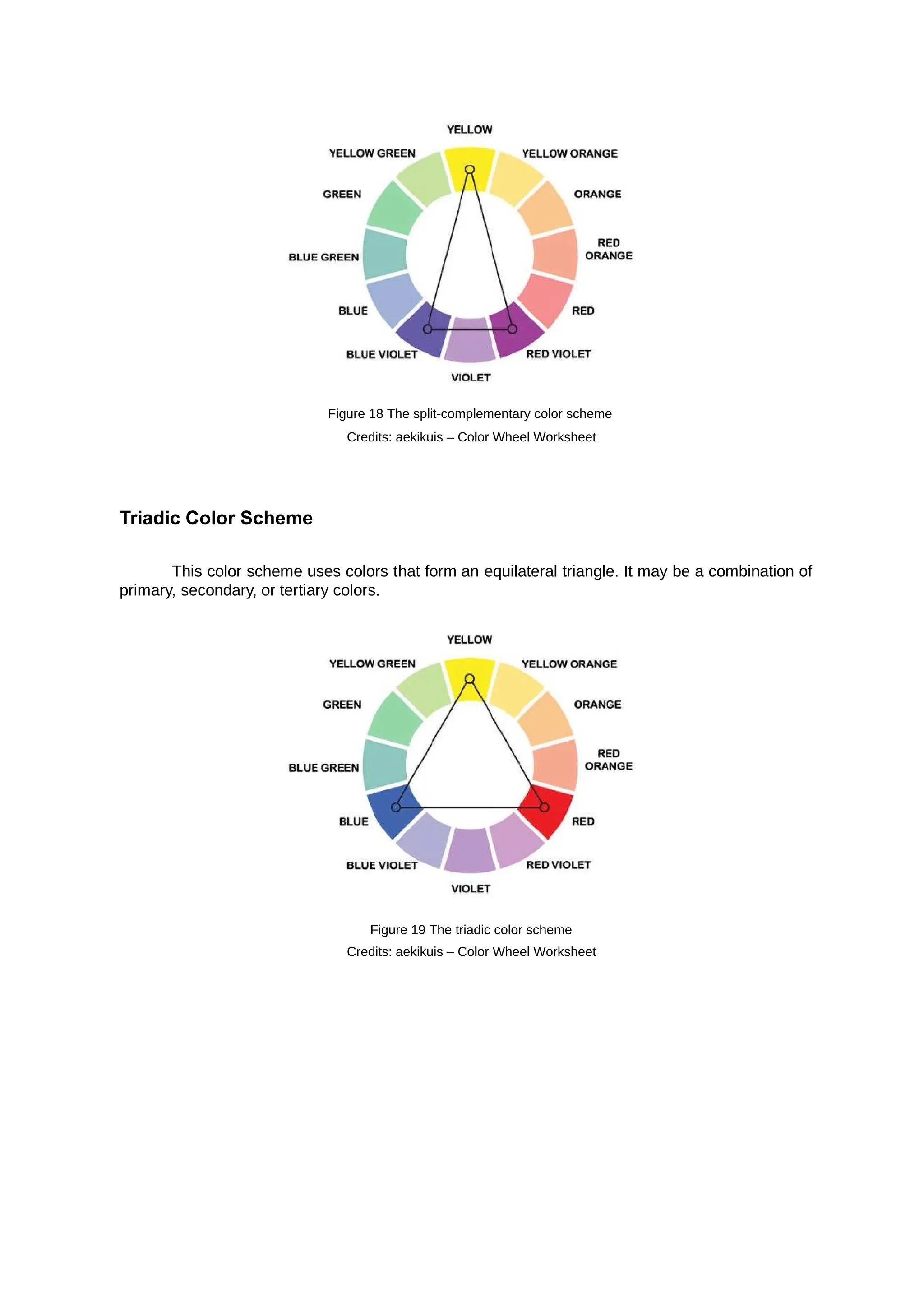 Figure 18 The split-complementary color scheme
Credits: aekikuis – Color Wheel Worksheet
Triadic Color Scheme
This color scheme uses colors that form an equilateral triangle. It may be a combination of
primary, secondary, or tertiary colors.
Figure 19 The triadic color scheme
Credits: aekikuis – Color Wheel Worksheet
 