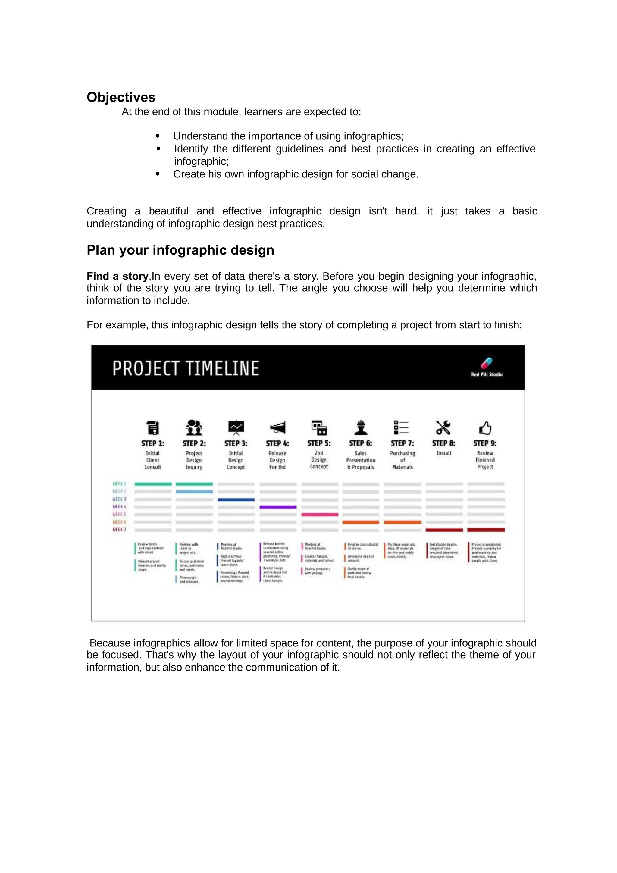 Objectives
At the end of this module, learners are expected to:
 Understand the importance of using infographics;
 Identify the different guidelines and best practices in creating an effective
infographic;
 Create his own infographic design for social change.
Creating a beautiful and effective infographic design isn't hard, it just takes a basic
understanding of infographic design best practices.
Plan your infographic design
Find a story,In every set of data there's a story. Before you begin designing your infographic,
think of the story you are trying to tell. The angle you choose will help you determine which
information to include.
For example, this infographic design tells the story of completing a project from start to finish:
Because infographics allow for limited space for content, the purpose of your infographic should
be focused. That's why the layout of your infographic should not only reflect the theme of your
information, but also enhance the communication of it.
 