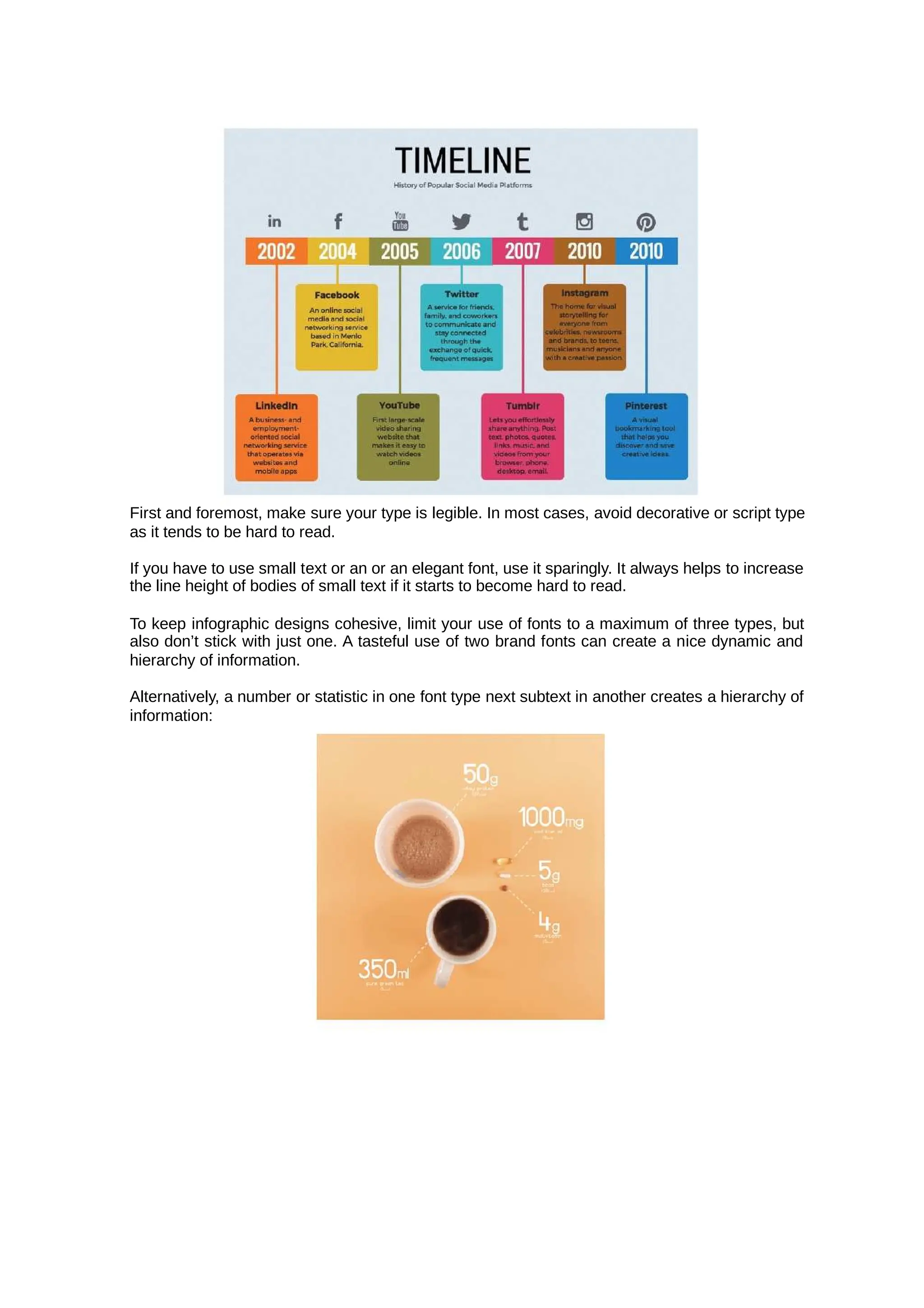 First and foremost, make sure your type is legible. In most cases, avoid decorative or script type
as it tends to be hard to read.
If you have to use small text or an or an elegant font, use it sparingly. It always helps to increase
the line height of bodies of small text if it starts to become hard to read.
To keep infographic designs cohesive, limit your use of fonts to a maximum of three types, but
also don’t stick with just one. A tasteful use of two brand fonts can create a nice dynamic and
hierarchy of information.
Alternatively, a number or statistic in one font type next subtext in another creates a hierarchy of
information:
 