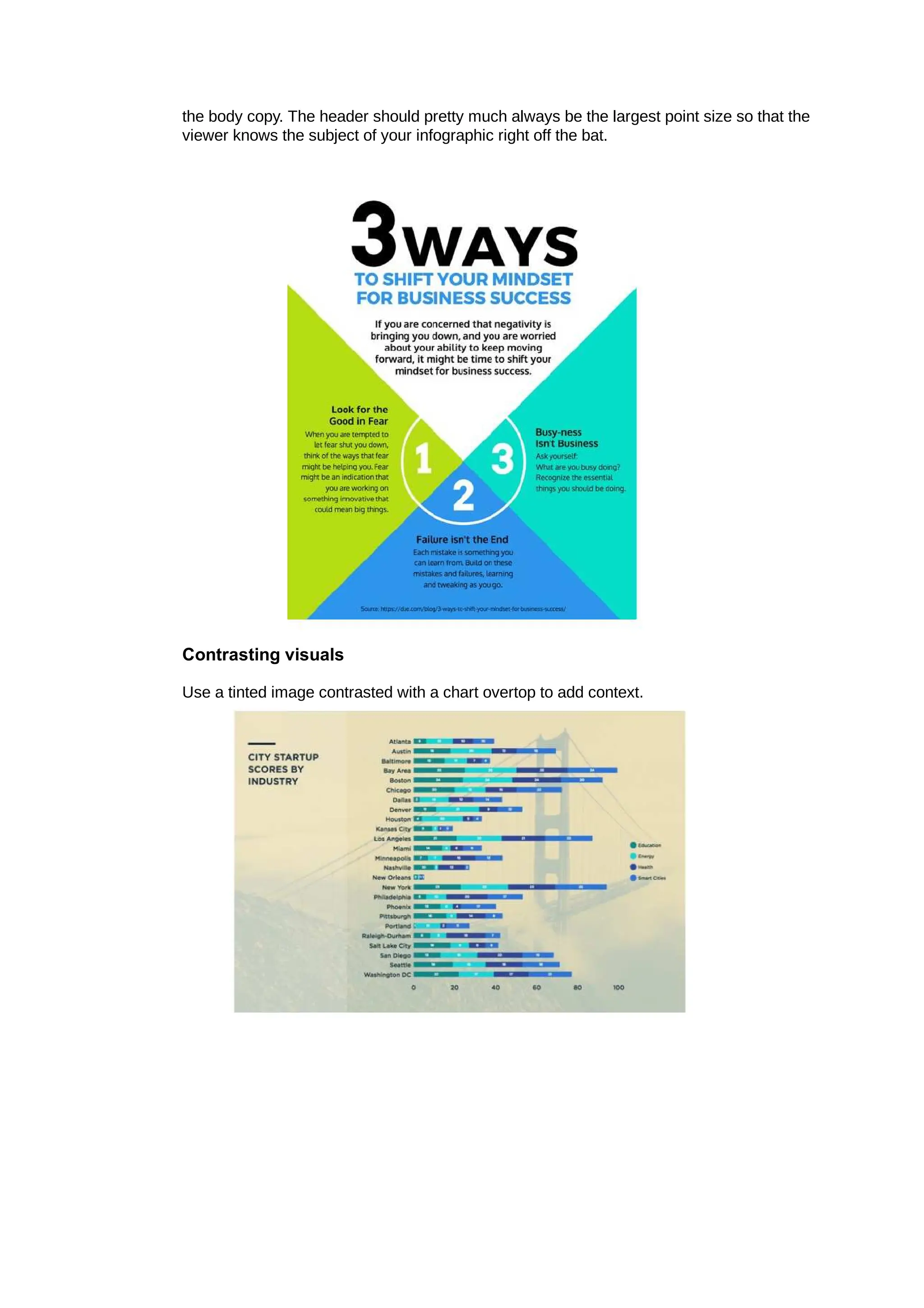 the body copy. The header should pretty much always be the largest point size so that the
viewer knows the subject of your infographic right off the bat.
Contrasting visuals
Use a tinted image contrasted with a chart overtop to add context.
 