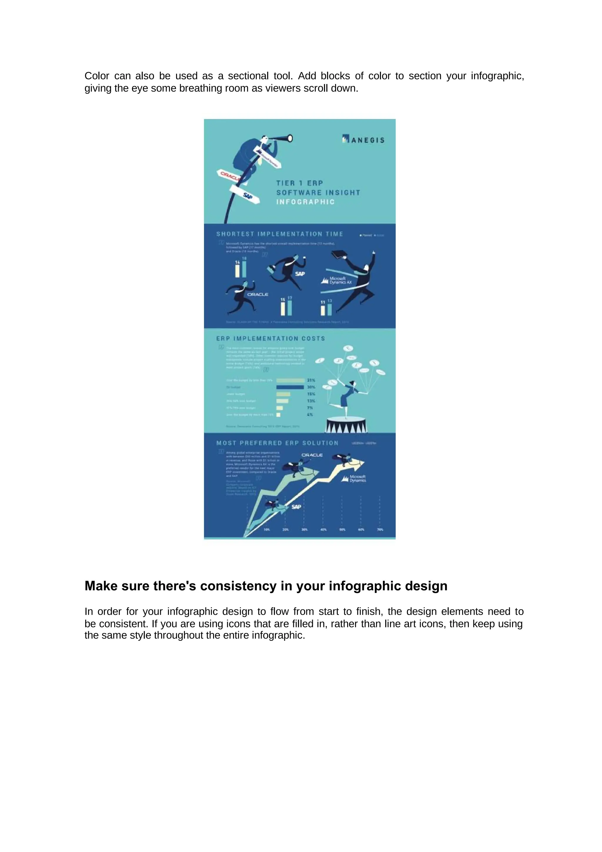 Color can also be used as a sectional tool. Add blocks of color to section your infographic,
giving the eye some breathing room as viewers scroll down.
Make sure there's consistency in your infographic design
In order for your infographic design to flow from start to finish, the design elements need to
be consistent. If you are using icons that are filled in, rather than line art icons, then keep using
the same style throughout the entire infographic.
 