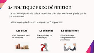 2- politique prix: définition
Le prix correspond à la valeur monétaire d’un bien ou service payée par le
consommateur.
La fixation de prix de vente se repose sur 3 approches:
Les couts
Coût de revient, seuil
de rentabilité …
La demande
Prix psychologique,
élasticité prix ……
La concurrence
Prix d’écrémage,
d’alignement et de
pénétration
 