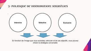3- politique de distribution: stratégies
.
Intensive Sélective Exclusive
En fonction de l’image que vous souhaitez véhiculer et de ces objectifs, vous pouvez
choisir la stratégies convenable
 