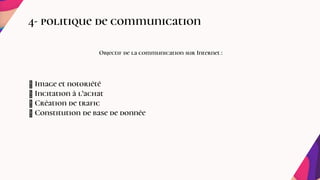 4- politique de communication
Objectif de la communication sur Internet :
Image et notoriété
Incitation à l’achat
Création de trafic
Constitution de base de donnée
 