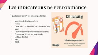 Les indicateurs de performance
.
Quels sont les KPI les plus importants ?
• Nombre de leads générés
• Trafic
• Taux de conversion de visiteurs en
leads
• Taux de conversion de leads en clients
• Croissance du nombre de leads
• Le taux de clics
• NPS
• CSAT
 