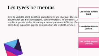 Les types de médias
Les médias achetés
(paid)
Les médias détenus
(owned)
Les médias gagnés
(earned)
C’est la visibilité dont bénéficie gratuitement une marque. Elle est
assurée par des tiers (utilisateurs, consommateurs, influenceurs…)
sur des supports et des formats que la marque ne contrôle pas. On
parle d’une exposition gagnée en opposition à la visibilité achetée.
 