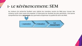 1- le référencement: SEM
les moteurs de recherche fouillent sans relâche les moindres recoins du Web pour trouver des
contenus qu’ils trient avant de proposer à l’internaute les résultats les plus pertinents. Une bonne
compréhension de ce processus vous permettra d’optimiser la qualité de votre site Web.
 