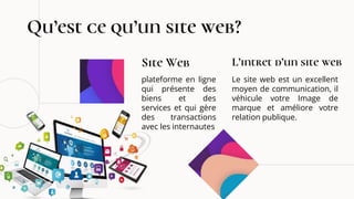 Qu’est ce qu’un site web?
plateforme en ligne
qui présente des
biens et des
services et qui gère
des transactions
avec les internautes
Site Web
Le site web est un excellent
moyen de communication, il
véhicule votre Image de
marque et améliore votre
relation publique.
L’intret d’un site web
 