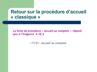 Retour sur la procédure d’accueil « classique » La fiche de procédure « Accueil au comptoir » répond  peu à l’exigence  4.10.4 > FI 01 : Accueil au comptoir 